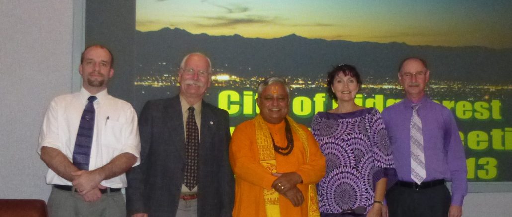 Just before the Ridgecrest City Council Hindu invocation, from left to right, are — Councilmember James Sanders, Mayor Daniel O. Clark, Hindu statesman Rajan Zed, Councilmember Lori Acton and Councilmember Steven P. Morgan.